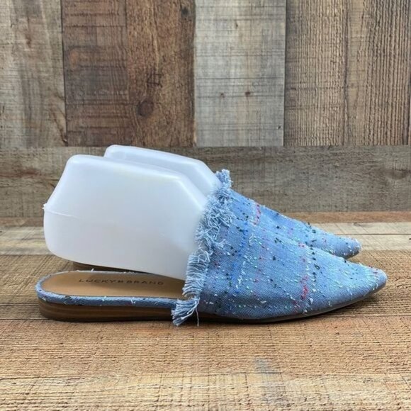 Lucky Brand Blue Fringe Bapsee Flats Mules‎ Womens 8.5M Slip On Pointed Toe - Picture 1 of 12